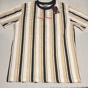 Men’s Striped Beige and Black T-Shirt with Los Angeles Logo Size Medium